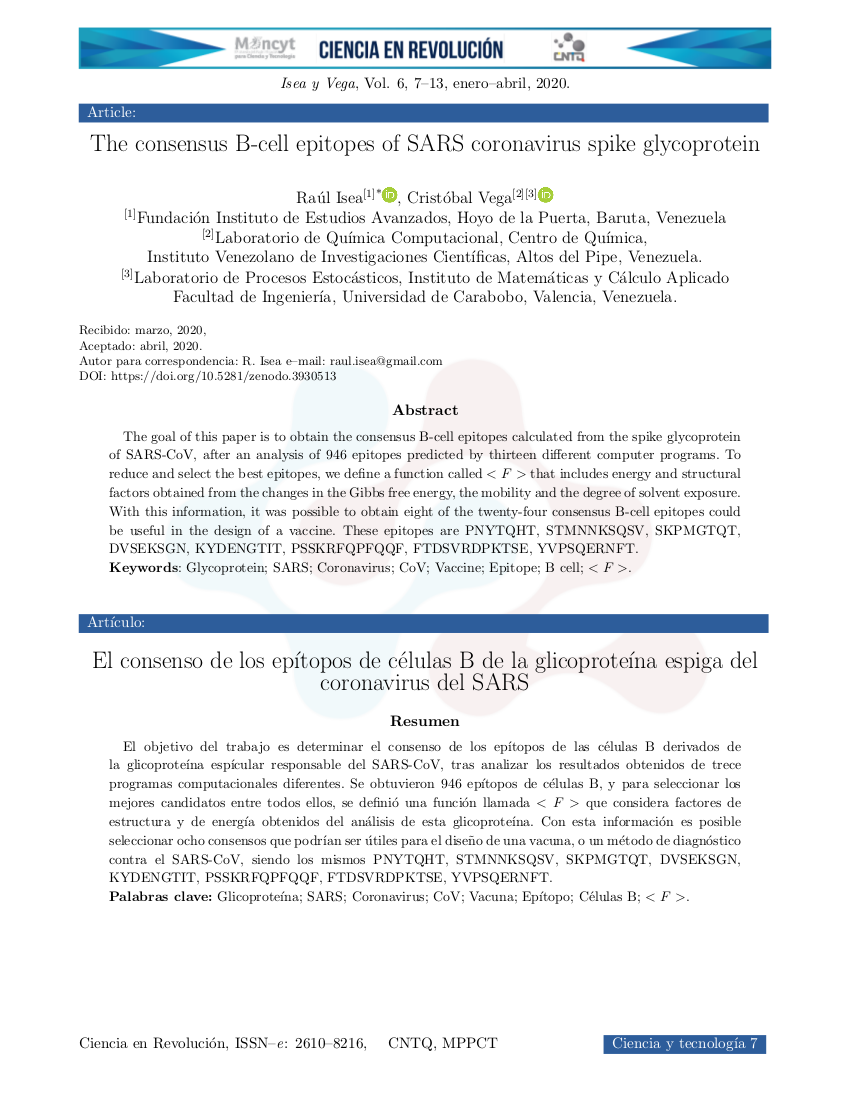 El consenso de los epítopos de células B de la glicoproteína espiga del coronavirus del sars
