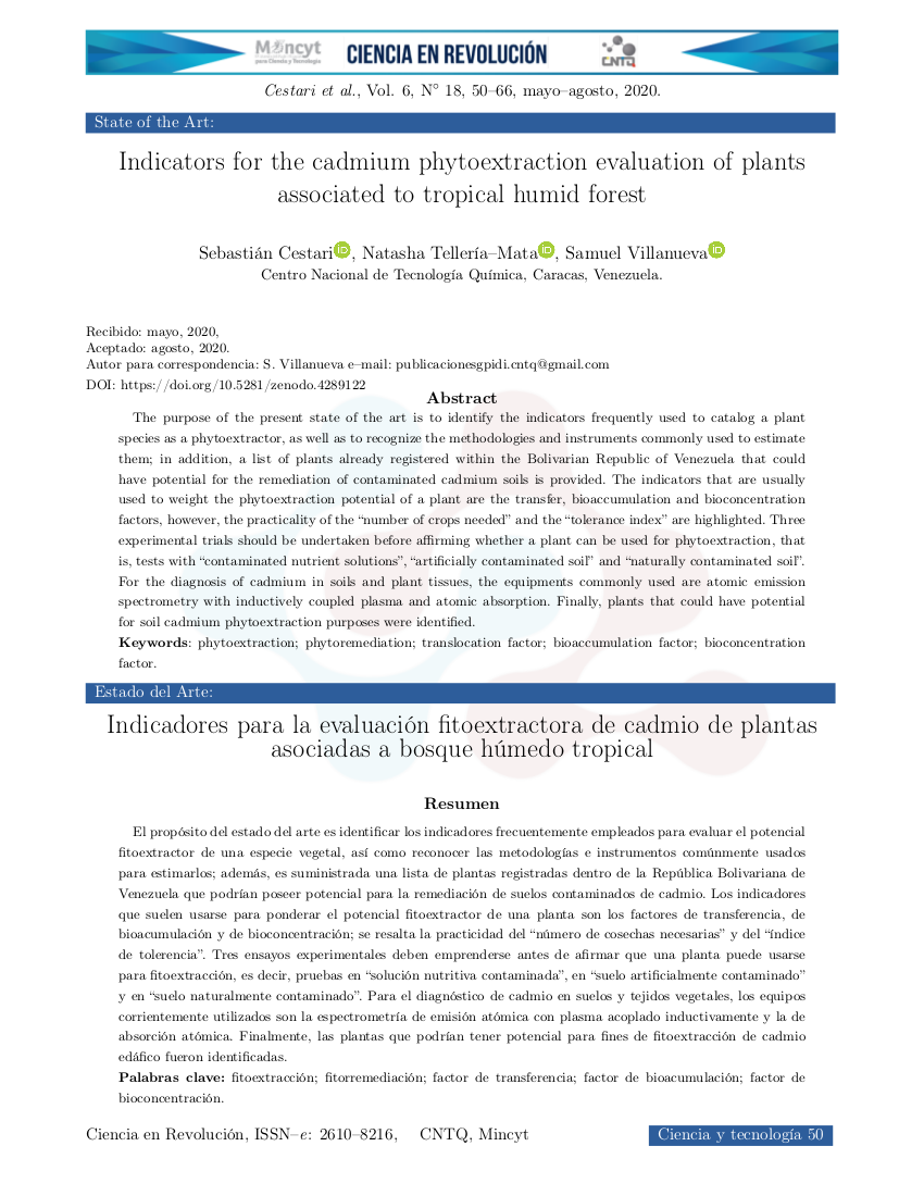 Indicadores para la evaluación fitoextractora de cadmio de plantas asociadas a bosque húmedo tropical